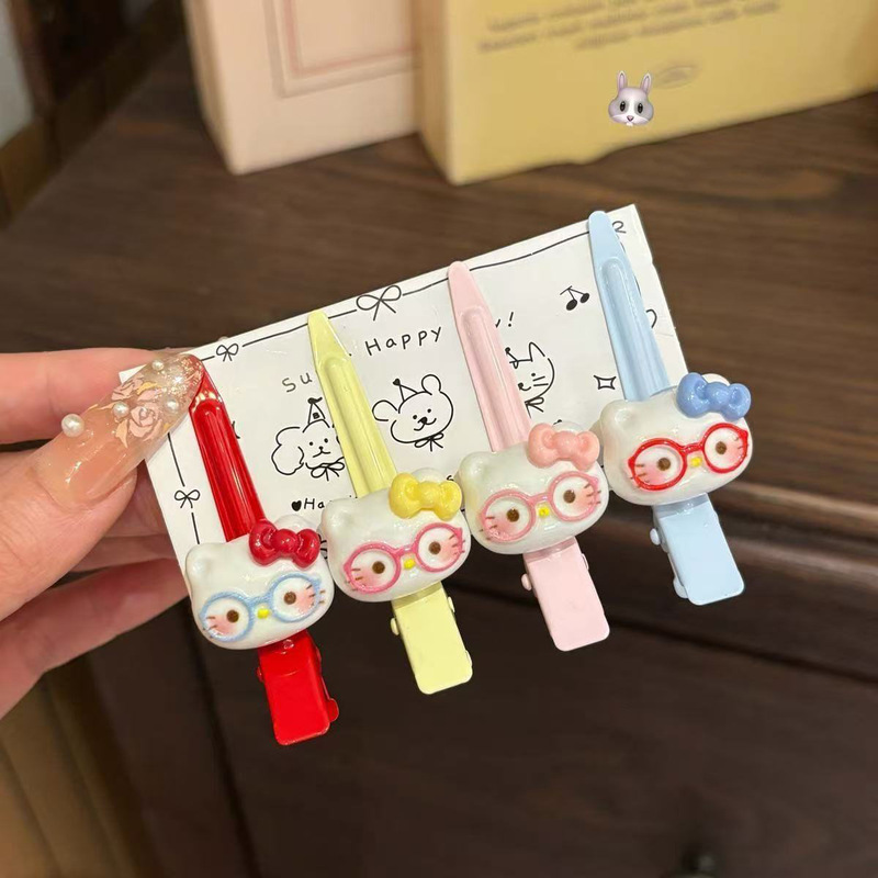 可爱卡通眼镜kt猫日系刘海侧边夹甜美发夹少女鸭嘴一字发饰夹批发|undefined