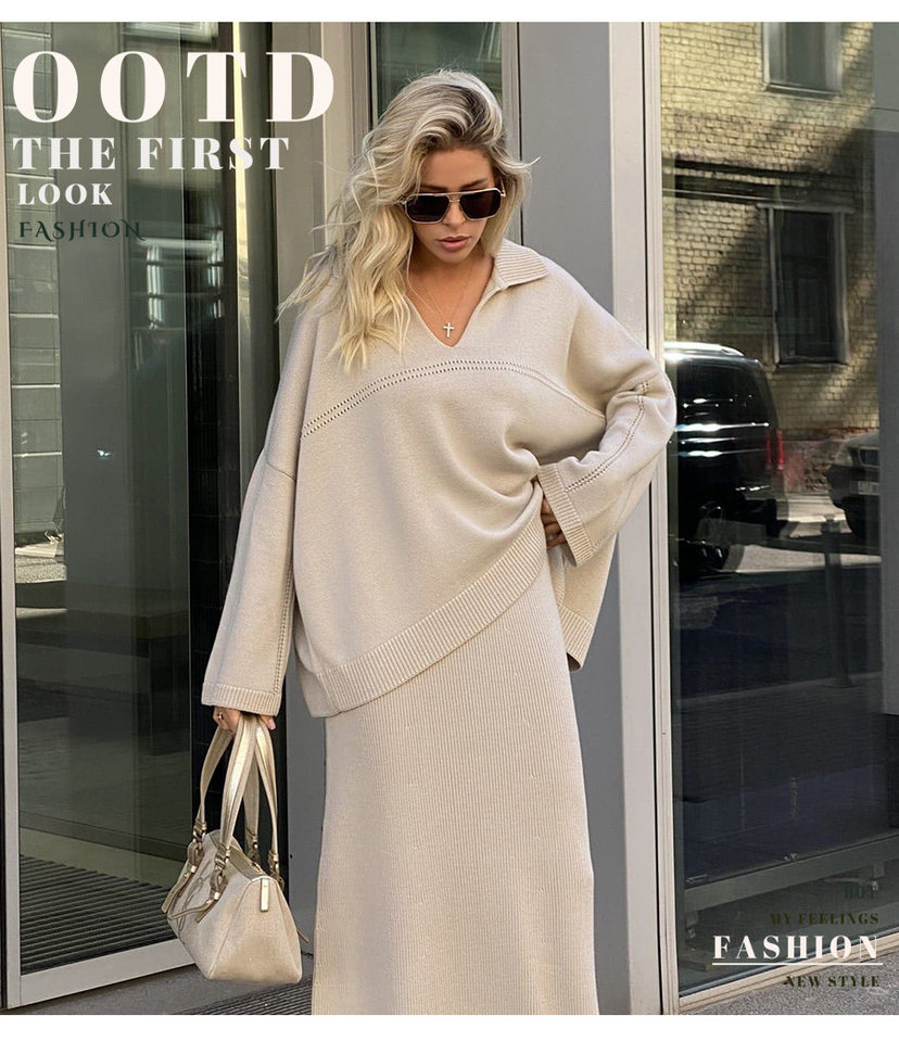 Bộ đôi áo len dệt kim cổ V tay dài phối chân váy, áo dài 50–65 cm — Màu camel, Màu trắng, Màu xám, Màu đen chi tiết 2