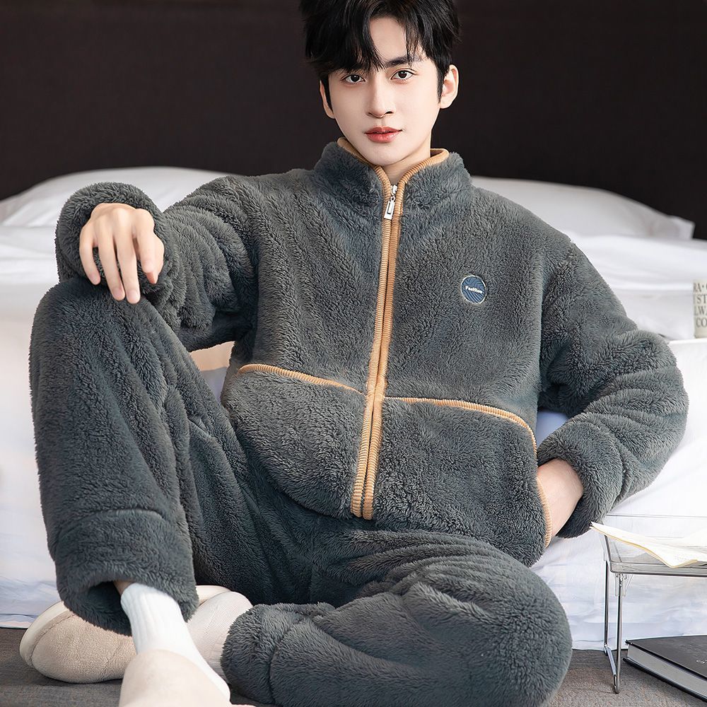 Men's New Warm Pajamas Fleece-Lined Winter Thickened Zipper Coral Young and Middle-Aged Home Clothes Can Be Worn Outside the Suit