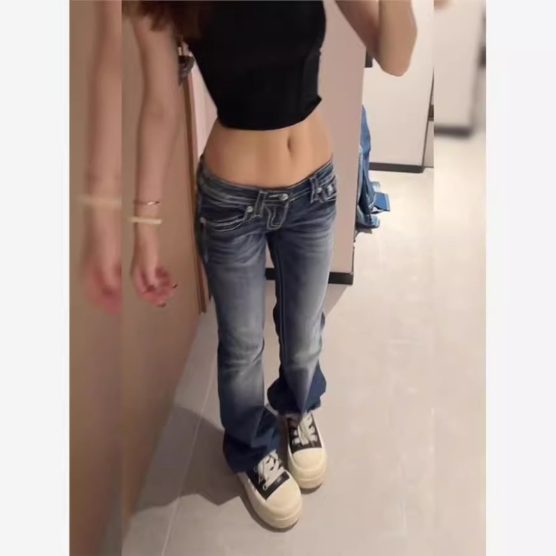 美式个性烫钻刺绣牛仔裤子女2025春y2k千禧风辣妹低腰拖地裤|undefined