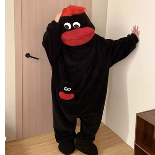 搞怪卡通大嘴怪珊瑚绒连体睡衣情侣冬季加厚保暖抽象家居服带梳子