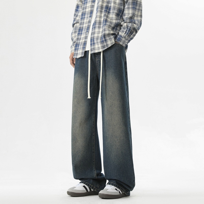 Men's Jeans 2026 Spring/Summer New American Retro Washed Trendy Brand Elastic Waist Drawstring Straight Casual Long Pants