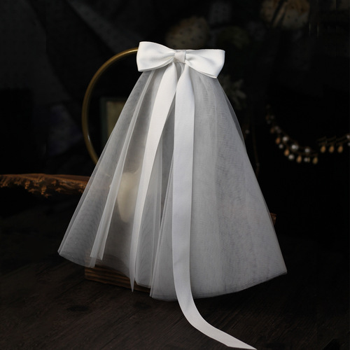 V664 French ribbon bow bridal veil forest white short style wedding certificate photo internet celebrity headwear
