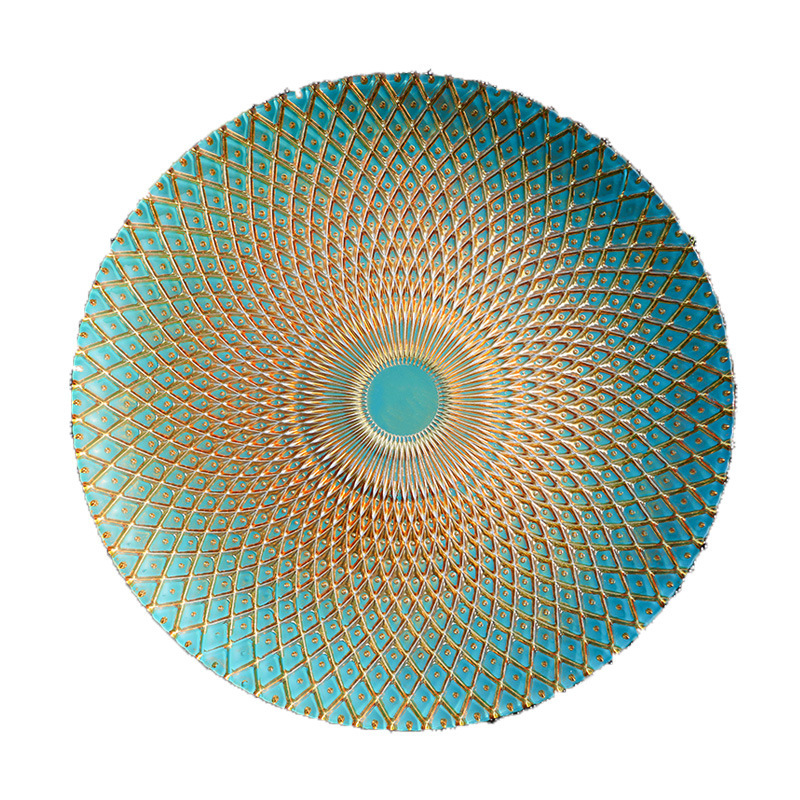 Factory Direct Sales Accessible Luxury Glass Plate Bird Tail Pattern Southeast Asian Golden Green Fruit Plate Western Food Plate Mat Decorative Plate Banquet Factory Direct Sales Accessible Luxury Glass Plate Bird Tail Pattern Southeast Asian Golden Green Fruit Plate Western Food Plate Mat Decorative Plate Banquet