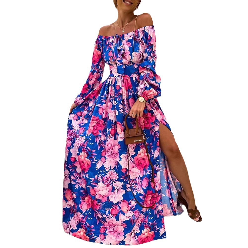 Vestido veraniego europeo y americano estilo bohemio de vacaciones 2025, con hombros descubiertos, acampanado, sexy y estampado. image 6