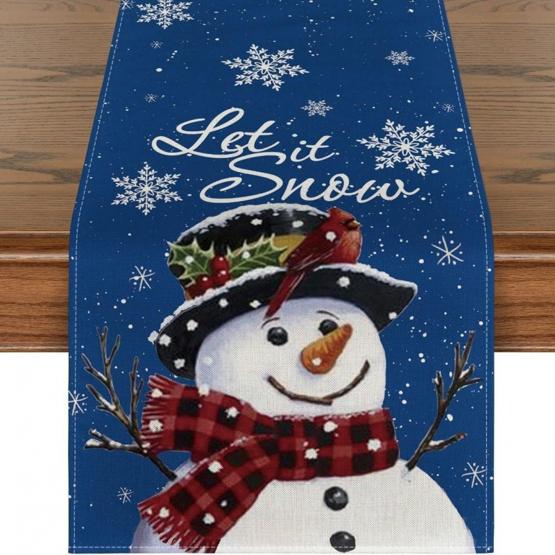 Camino de mesa navideño con estampado de muñeco de nieve y Santa