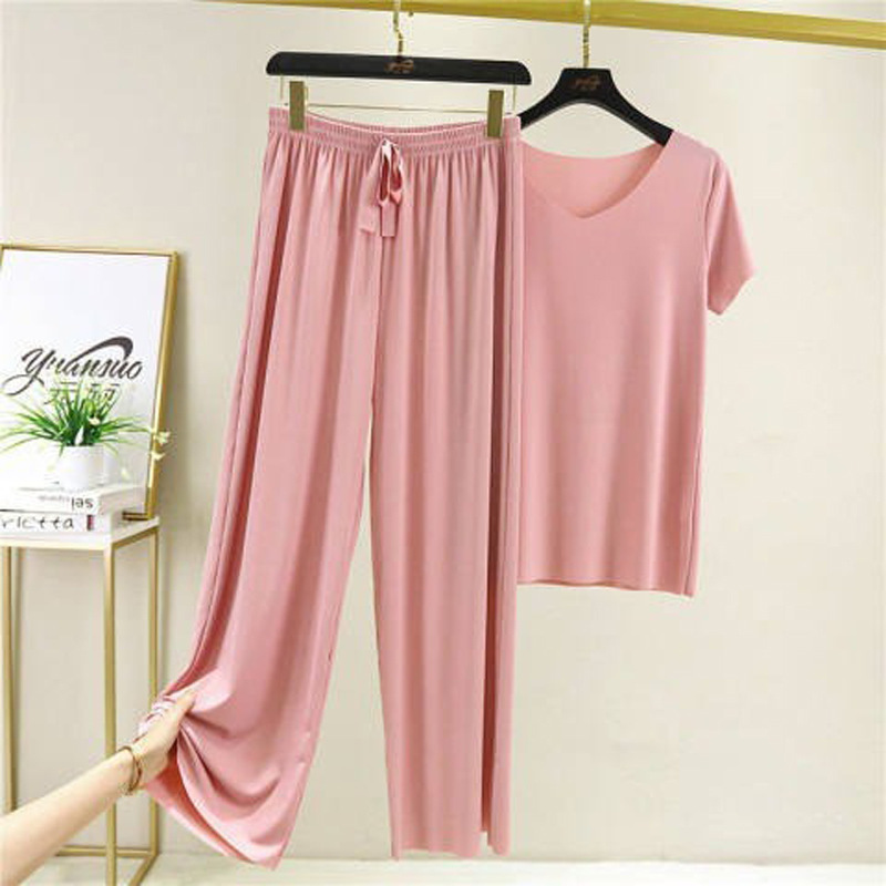 Summer Korean style thin short sleeve soft suit Women's Ice Silk casual two-piece suit short sleeve T-shirt cool trousers Summer Korean style thin short sleeve soft suit Women's Ice Silk casual two-piece suit short sleeve T-shirt cool trousers