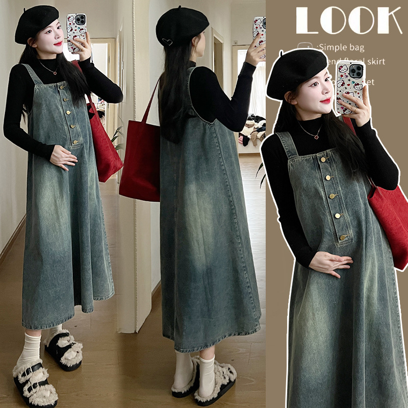 Real Shot of Pregnant Women in Stock Spring & Fall Korean Style Fashionable Loose Slim Denim Suspender Dress 2-Piece Suit Suspender Skirt
