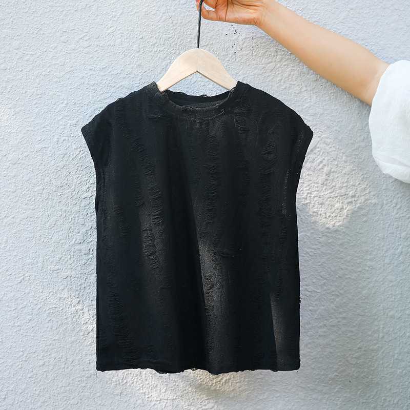 2024 nueva ropa para niños chaleco para niños retro agujero niño estilo occidental chaleco sin mangas camiseta suelta ropa para niños al por mayor