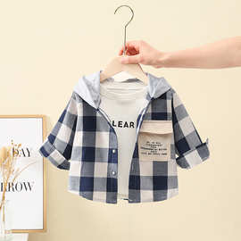 外贸男童儿童格子连帽衬衫宝宝纯棉长袖薄款童装春秋儿童单件童装