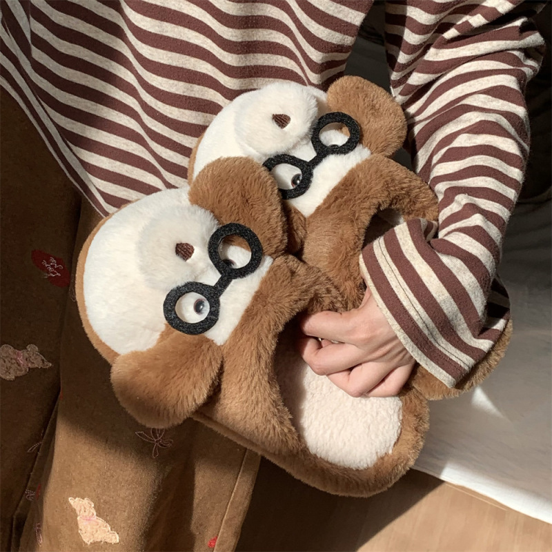 创意可爱小猴子毛毛鞋男女居家趣味小狗保暖秋冬季情侣包头棉拖鞋|undefined