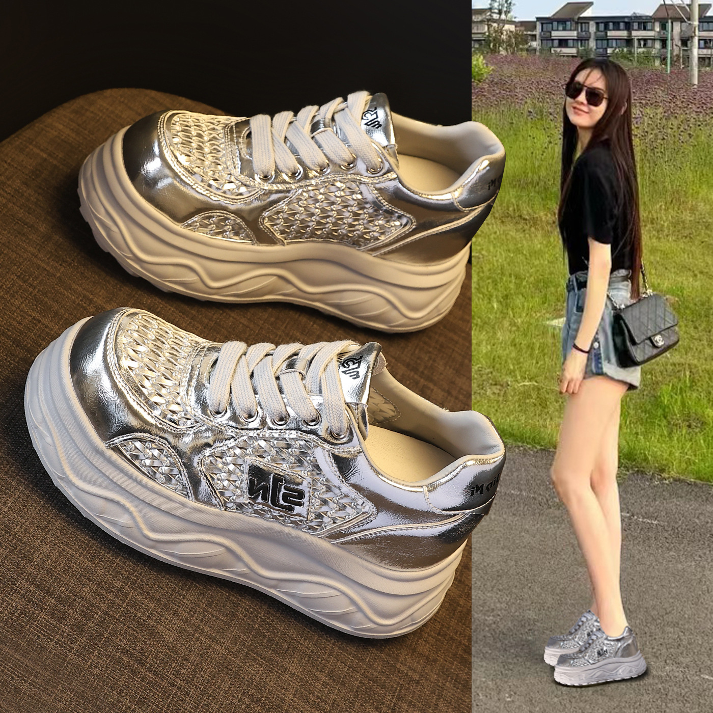Giày sneaker nữ đế dày tăng chiều cao, thiết kế rỗng thoáng khí, phối trắng cơ bản — màu đen