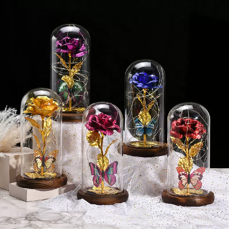 源头工厂金箔花玻璃罩发光桌面摆件礼物玫瑰蝴蝶永生花玻璃罩定制