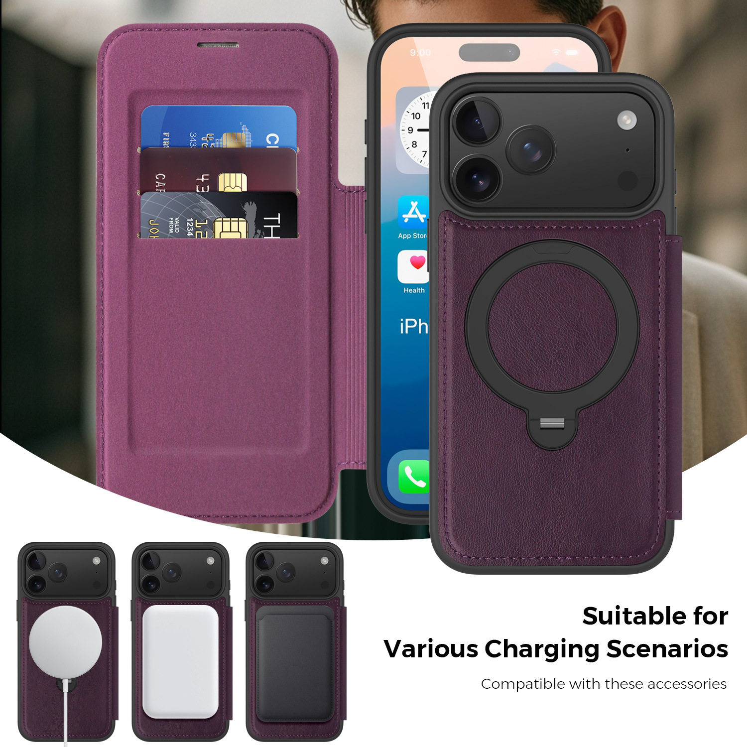 Ốp lưng da lật iPhone 16 Pro Max xoay 360 độ tích hợp giá đỡ từ tính — màu đen, màu xanh hoàng gia, Màu nâu, xám chi tiết 29