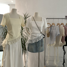 欧玛莱 不规则荷叶边飘带设计感方领修身显瘦纯色短袖T恤上衣3045