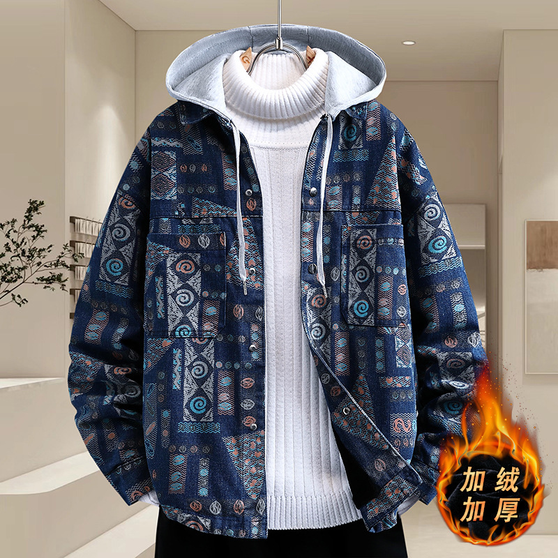 Winter New Hooded fleece-lined Denim Jacket Men's Ethnic Style Casual Jacket Personalized Retro Youth Trendy Cotton Clothes