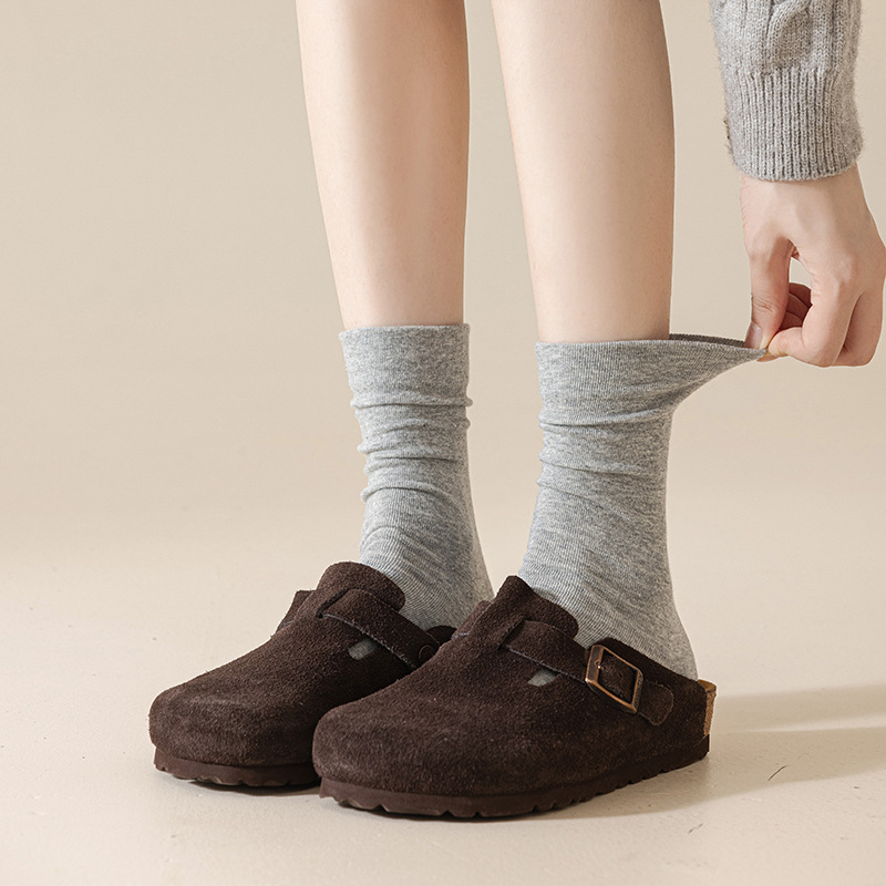 Grey Socks Women's Mid-length Socks Ins Fashionable Cotton Socks Spring and Autumn Boneless Lunar Socks Japanese Style Solid Color Autumn Stacked Socks