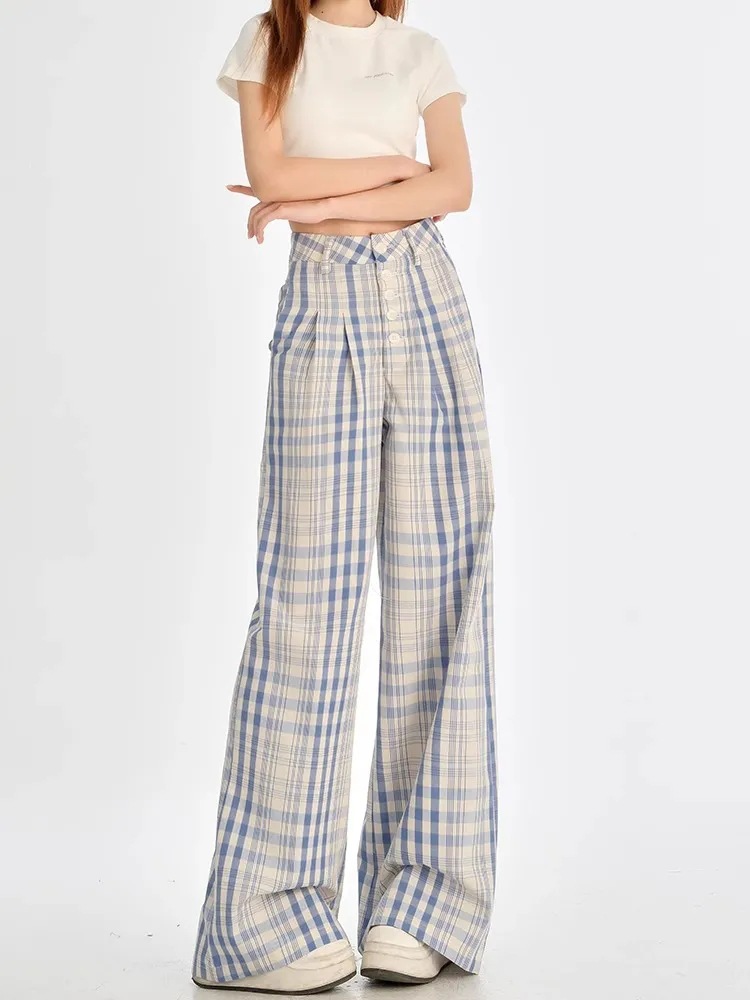 Pantalones casuales de piernas anchas a cuadros azules claros de mujeres otoño y invierno nuevos diseños de hebilla de cintura alta y pantalones de trapazón rectos sueltos y delgados image 3