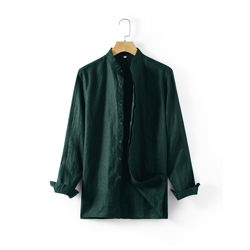 Primavera 2024 hombres de lino casual camisa suelta transpirable stand collar manga larga superior D028