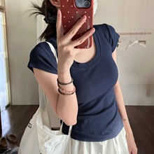 藏蓝色U领短袖T恤女夏季甜辣修身正肩显瘦打底衫短款百搭上衣
