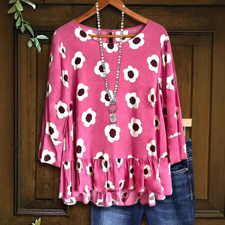 New Spring/Summer Floral Print Top Loose Ruffle Hem Shirt