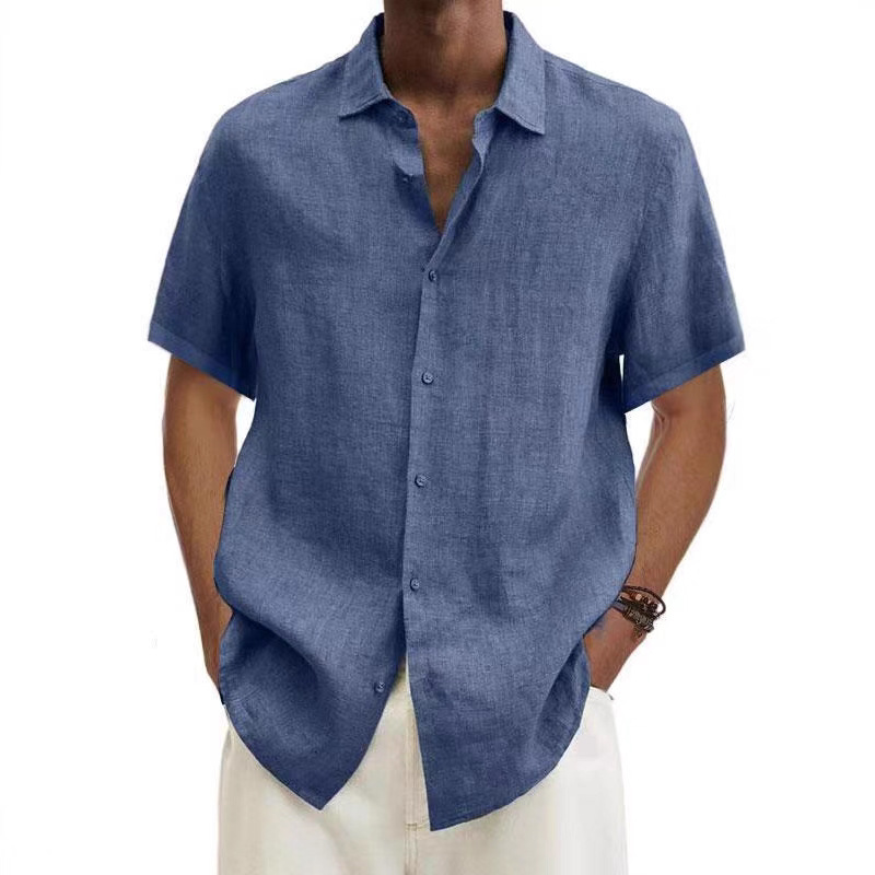 2025 independent station wish Amazon explosions summer v collar button cotton linen solid color men's trendy shirt shirt men