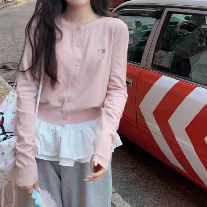 Kayi Delus Same Style Pink Long Sleeve Knitted Cardigan Alphabet Embroidered Round Neck Slim-Fit Hot Girl Navel Shirt