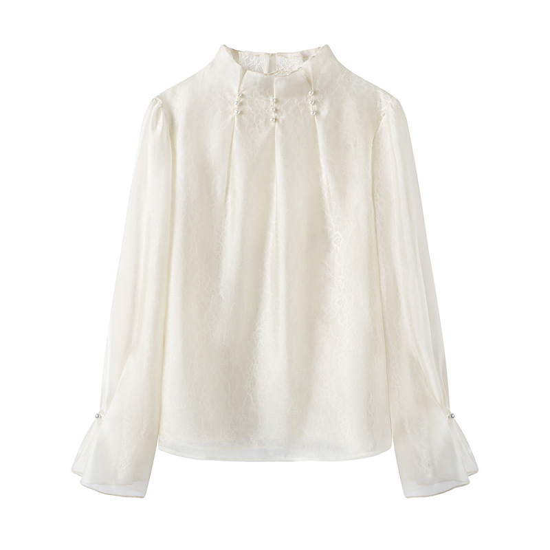 Mesh Lace Shirt Women's 2025 Autum New Long-Sleeved Shirt Bell Sleeve Lace Stand Collar Top S85A522