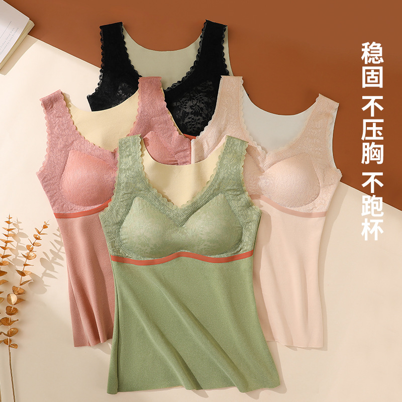 Ropa interior térmica de encaje sin costuras camiseta engrosada de mujer con almohadilla en el pecho chaleco térmico interior autocalentable de terciopelo de doble cara