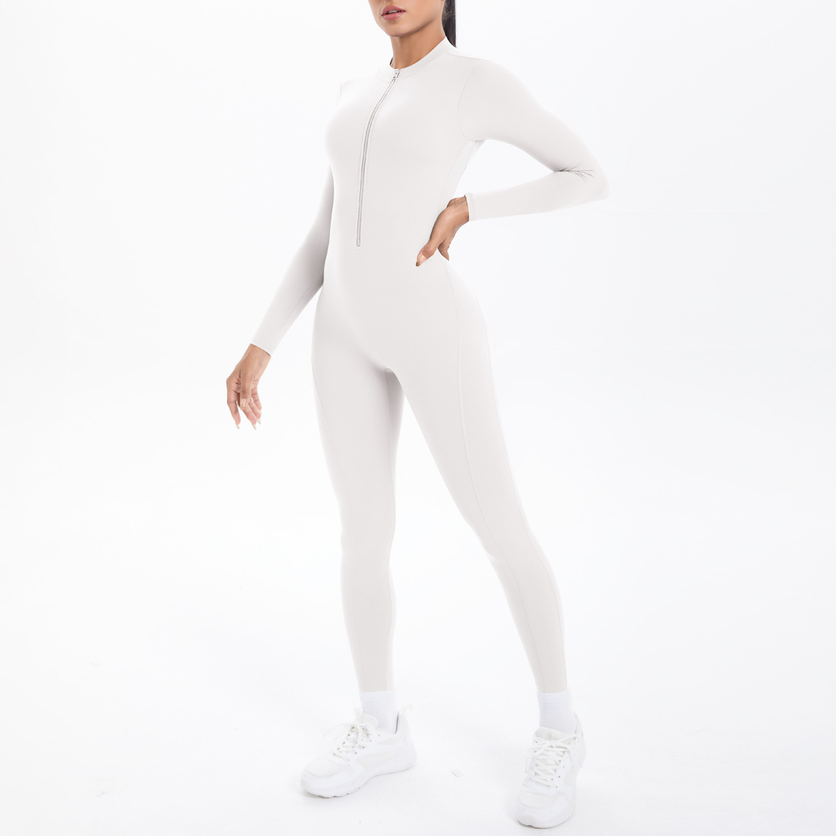 Nuova tuta a maniche lunghe con schiena scoperta, tinta unita e doppio strato in broccato, per sport, corsa, fitness e yoga_voghion.com