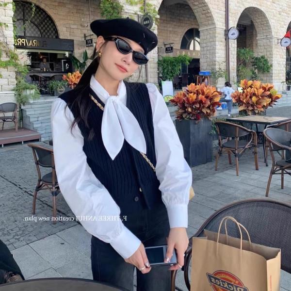 Autumn South Korea Dongdaemun Design Sense Fake Two-piece Sweater Stitching Striped Shirt Knitted Top Women's Clothing