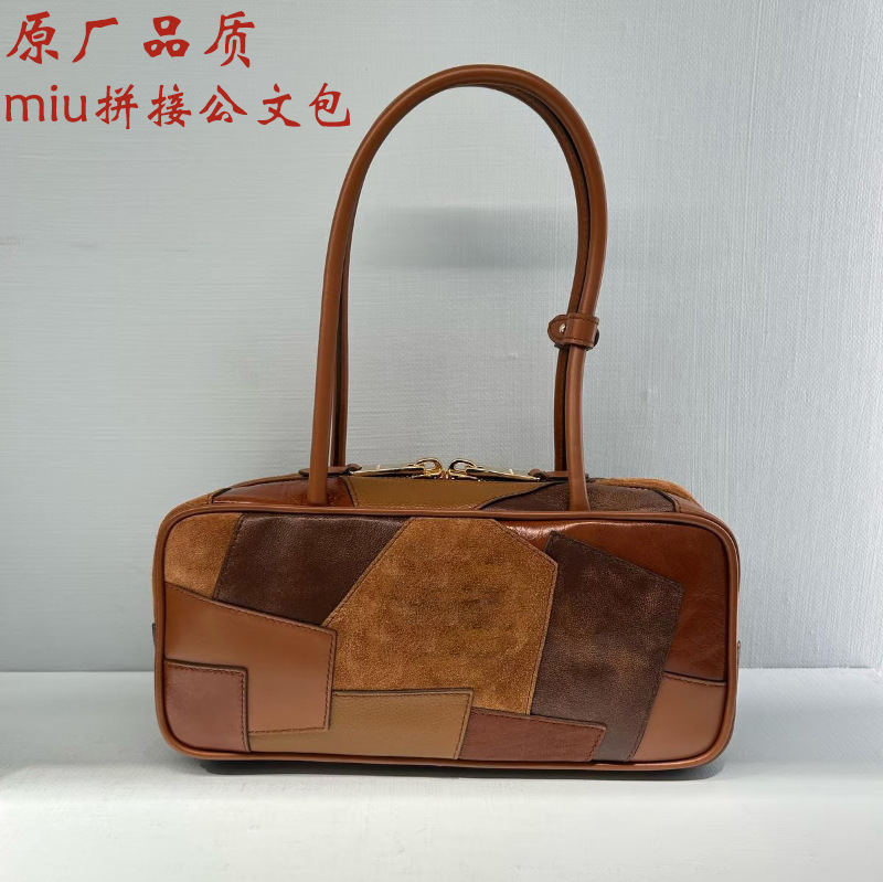 Original Miu Same Style 5Bb117 Catwalk Style Large Capacity Calfskin Stitching Women's Satchel Briefcase Bowling Ball