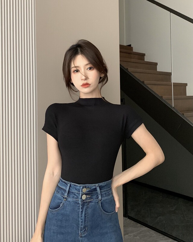 2025年夏向け、純粋な欲望風ハーフタートルネック半袖Tシャツ、女性用、スリムフィット、体型カバー、インナー、学生向けトップス、インスタ映え|undefined