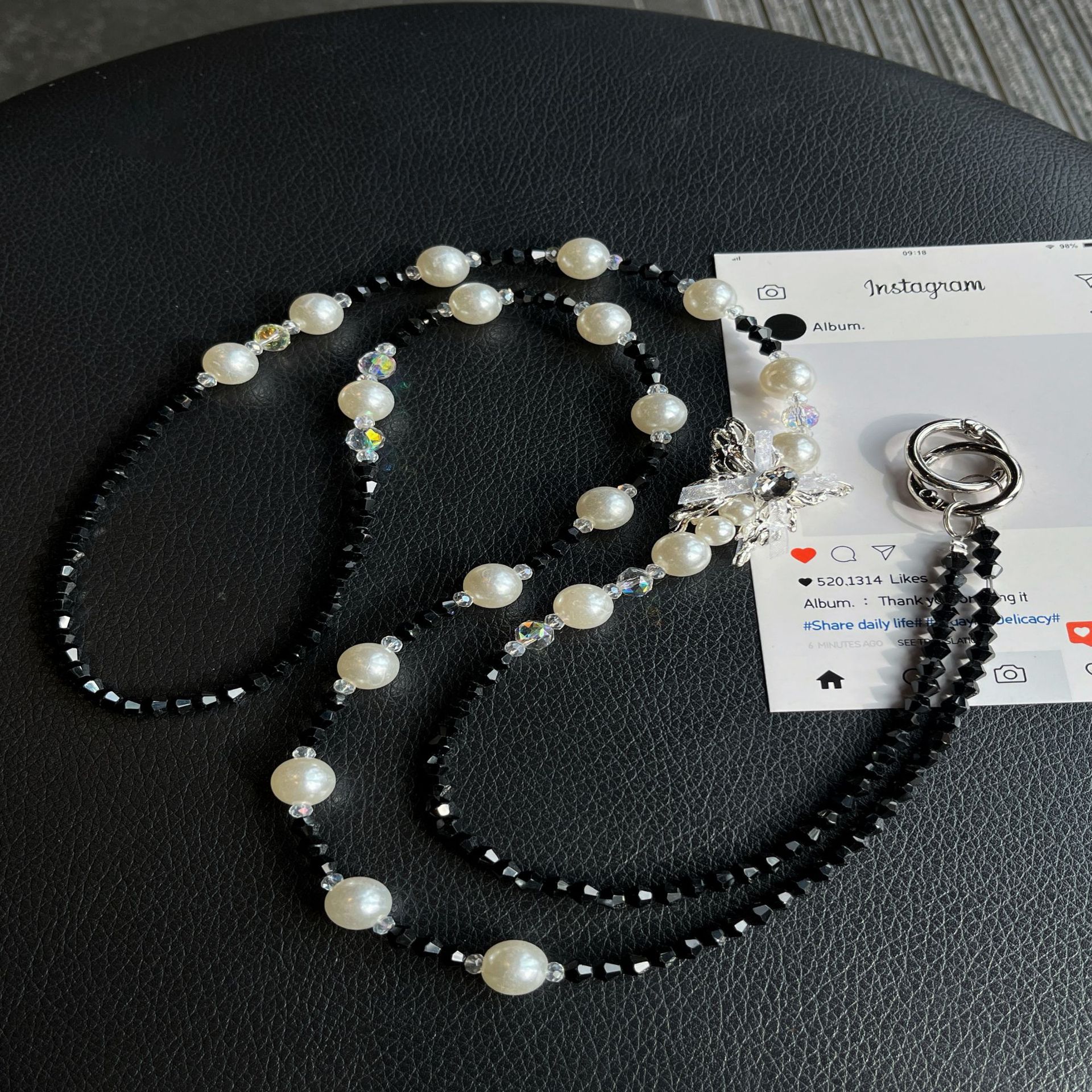 Cadena de teléfono móvil de mensajero cuerda de cadena larga de verano nuevo colgante de cuentas de perlas de cristal hecho a mano amor diamantes de imitación circón