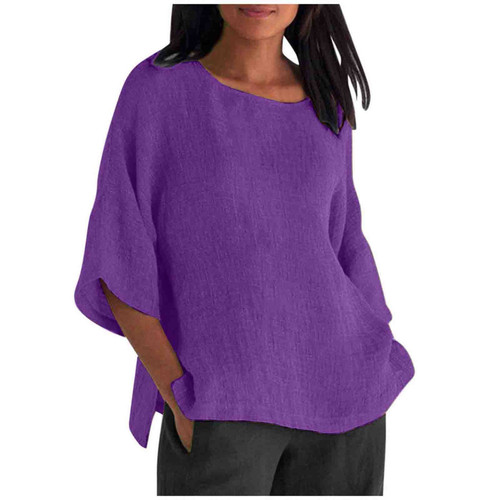 Shipment on the same day 2025 wisheaby Amazon new foreign trade women's seven-sleeve round neck cotton linen shirt top