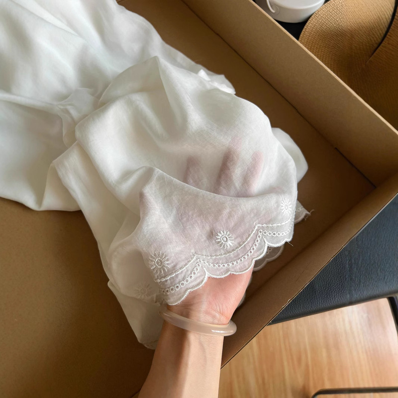 レース刺繍ホワイトリネンカジュアルストレートパンツ女性のための 2025 夏フレンチライト通気性ドレープワイドレッグパンツ|undefined