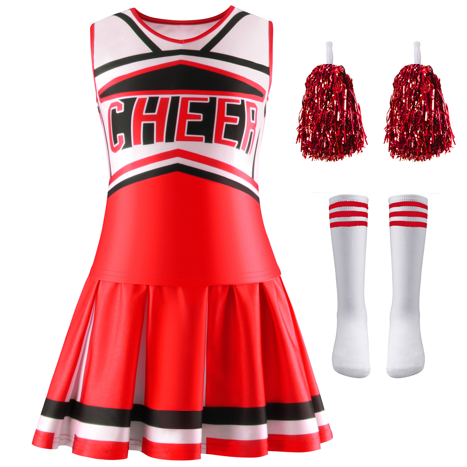 Red single skirt+ball flower+socks