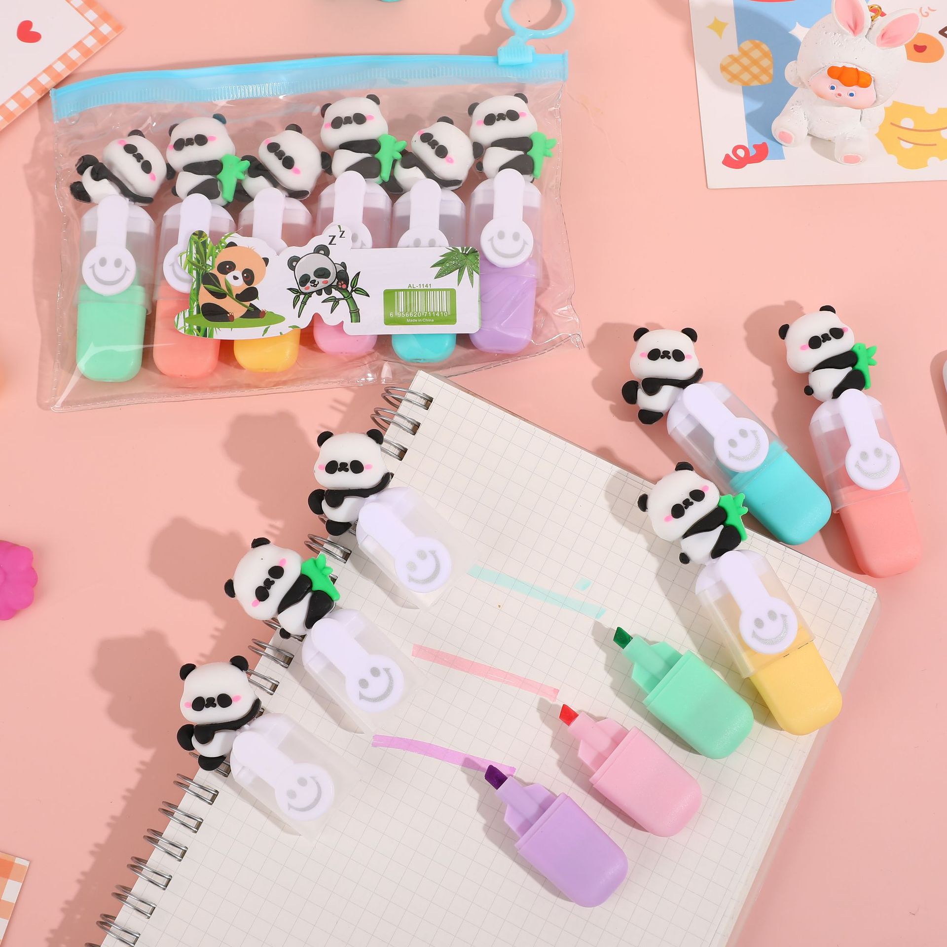 Cute panda animado mini sonriente resaltador de premios de papelería creativo marcador de color