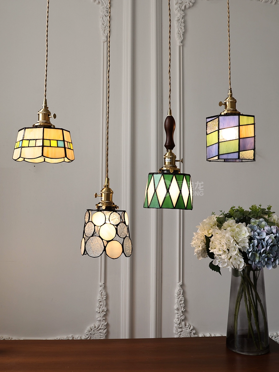 Japanese retro brass green glass ceiling lamp for living room, lights for bed