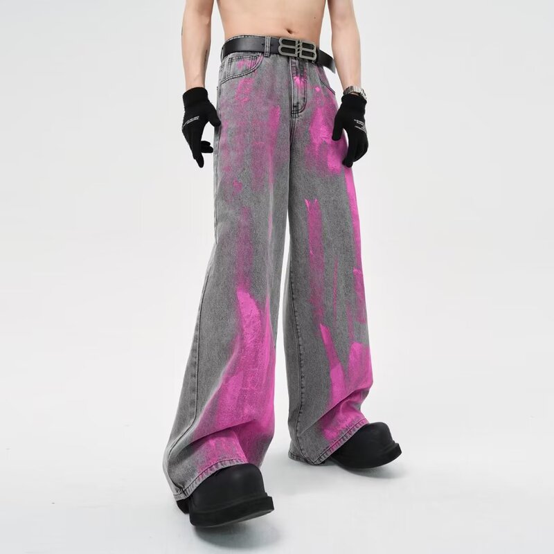 2023 American high street coated jeans men's Earth style gray wide-leg pants trendy type a smoky gray mopping pants men