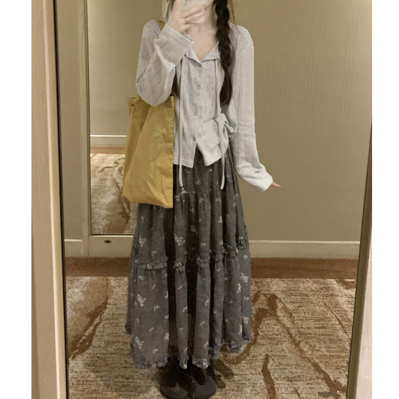 ZHOYUE深灰色花朵刺绣大摆量半身裙全松紧腰长裙休闲风女2025秋季|undefined