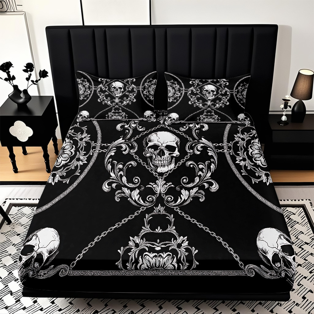 TEMU / JIT abrasión cama Kits cráneo patrón de impresión digital HD ropa de cama para diseñar