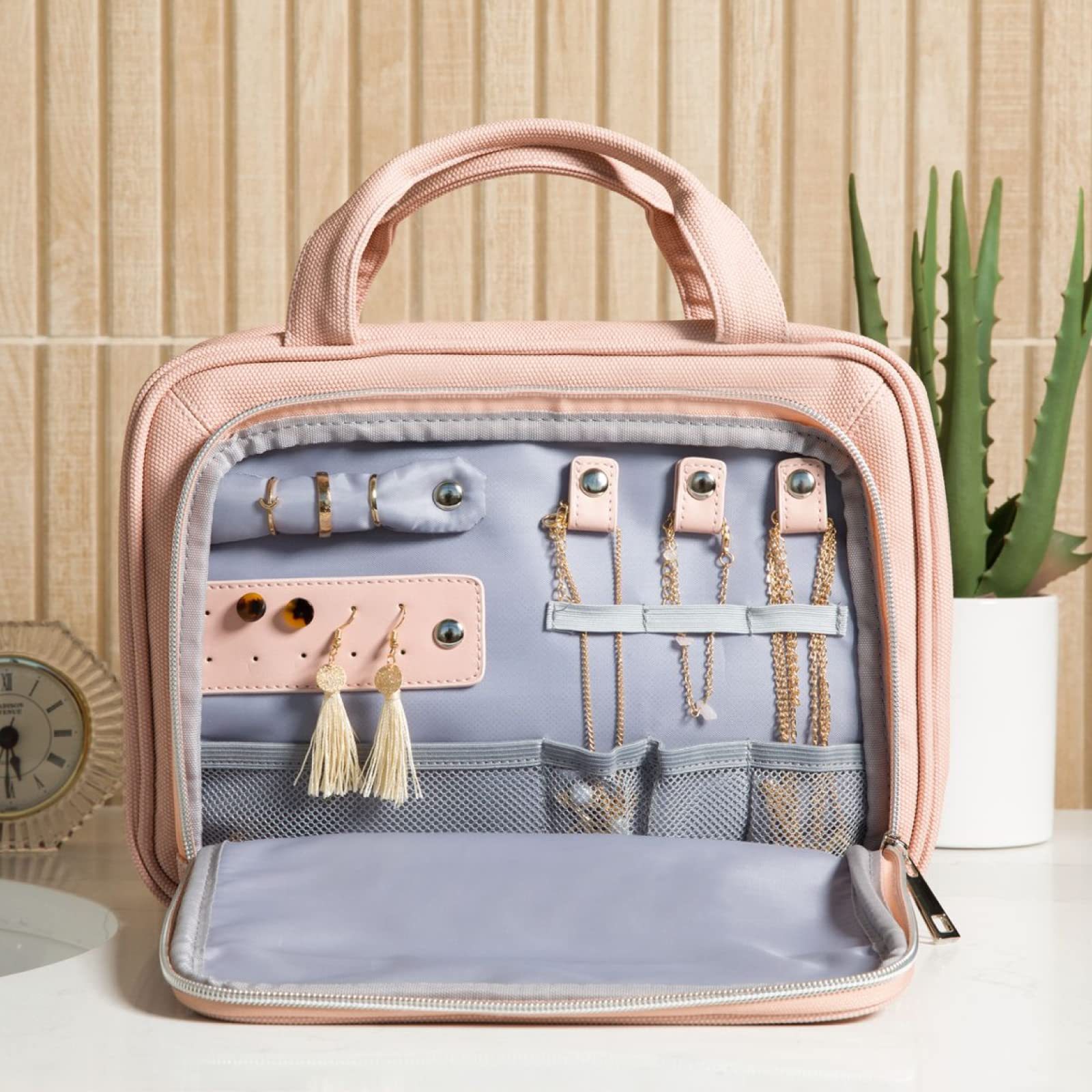 Kulturbeutel, wasserdichter Reise-Kulturbeutel für Make-up und Schmuck, Leder-Umhängetasche mit Schmuckfach, Reise-Make-up-Tasche_voghion.com