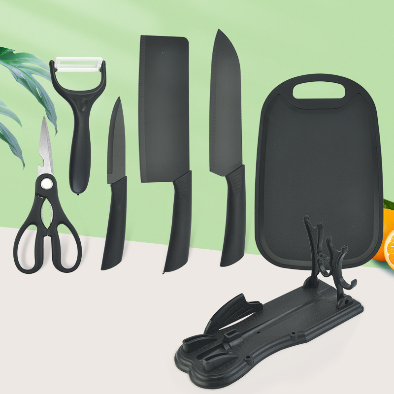 Fábrica al por mayor con soporte de cuchillos con tablero de vegetales mango de paja de seis piezas conjunto de herramientas de caja de regalo de color de acero inoxidable