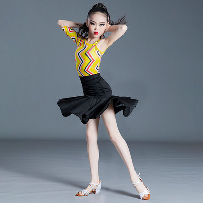 Yellow printed latin dance dress for girls kids acrobatics show employs the spring/summer sling Latin dance skirt girl