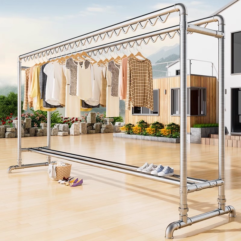 국경 간 공급 간단한 아연 도금 강관 바닥 옷 건조 랙 가정용 발코니 건조 선반 야외 더블로드 옷 옷걸이