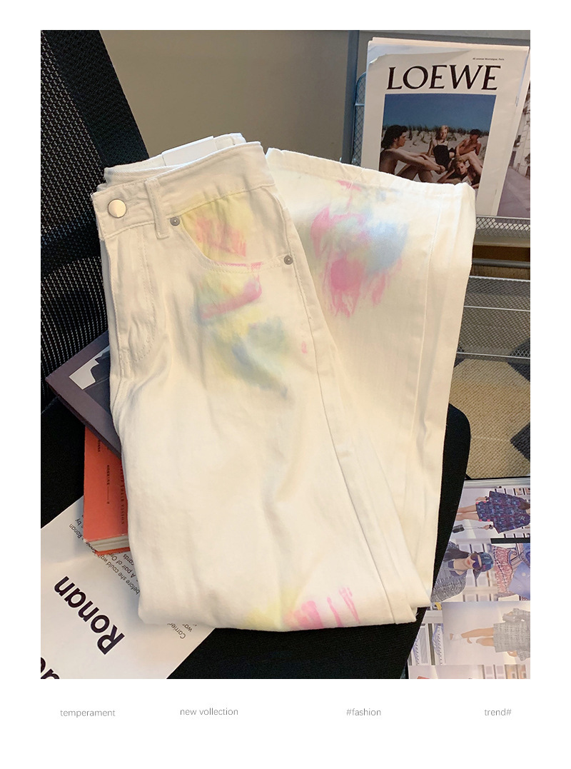 新款美式扎染涂鸦高腰牛仔裤女设计感小众时尚宽松直筒阔腿长裤子-阿里巴巴