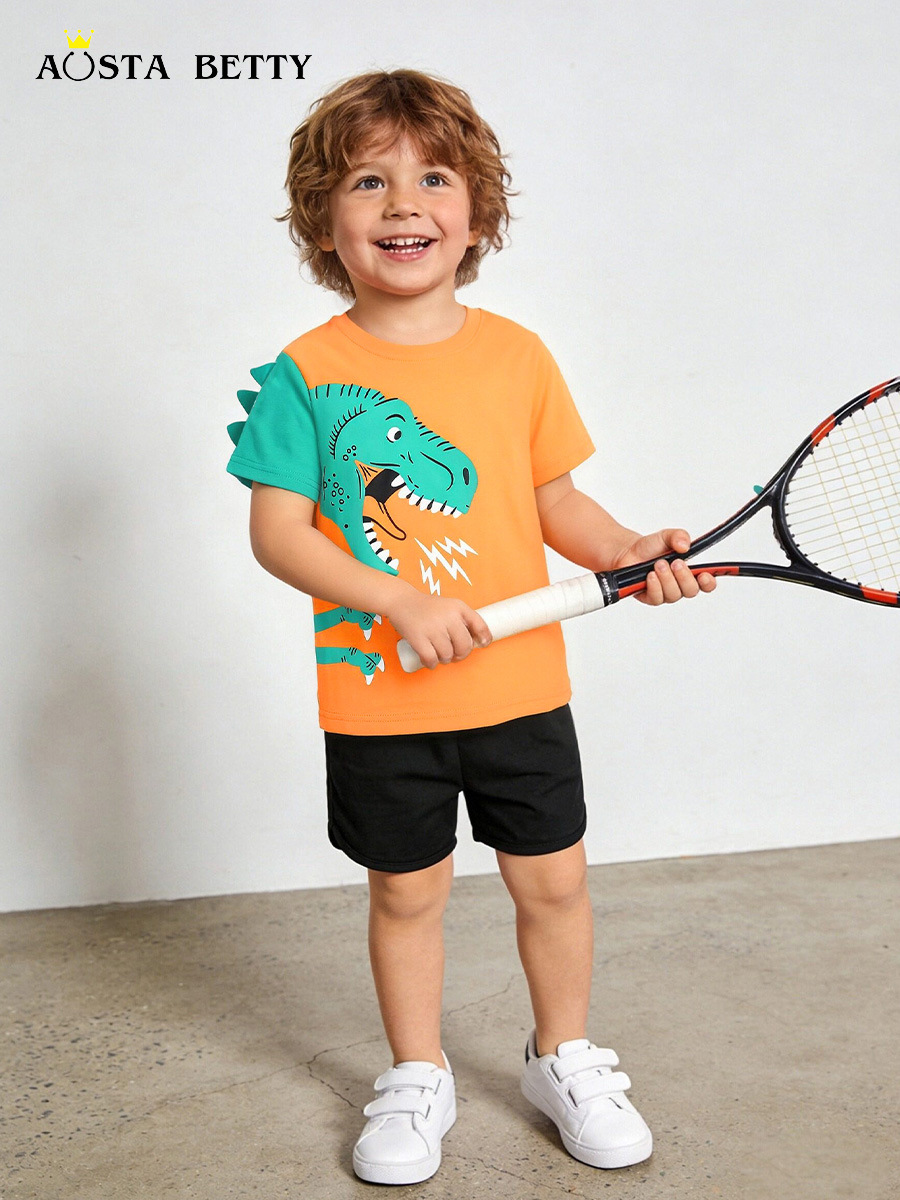 Nuevos productos de verano Traje para niños Traje de pantalones cortos para niños de estilo europeo y americano Traje de 2 piezas con estampado de dinosaurios de dibujos animados