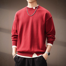 男士秋冬美式复古假两件圆领毛衣男时尚潮流纯色百搭宽松针织毛衣