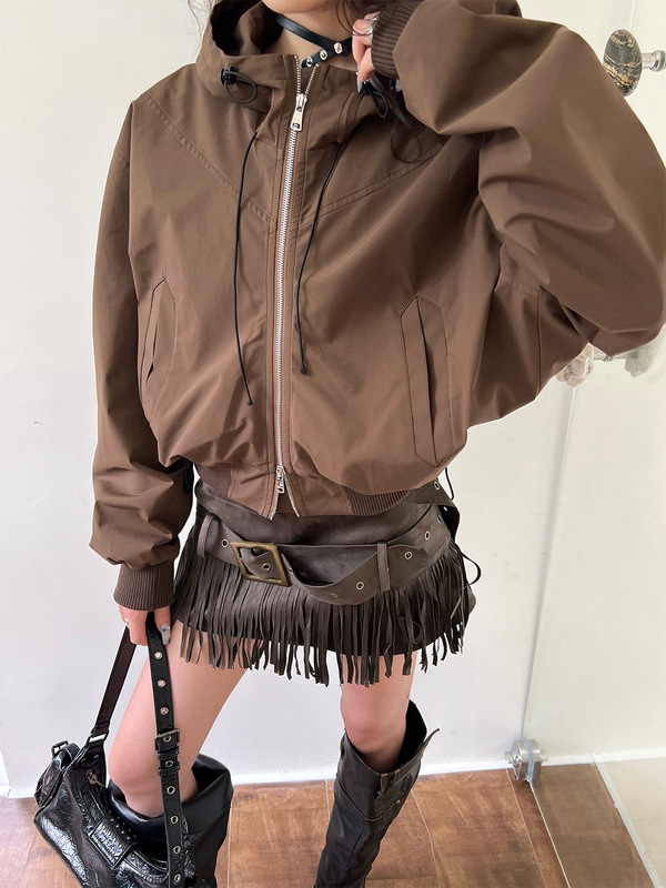 秋季立领连帽短款夹克蝙蝠袖潮流辣妹运动拉链抽绳短外套女85203|undefined
